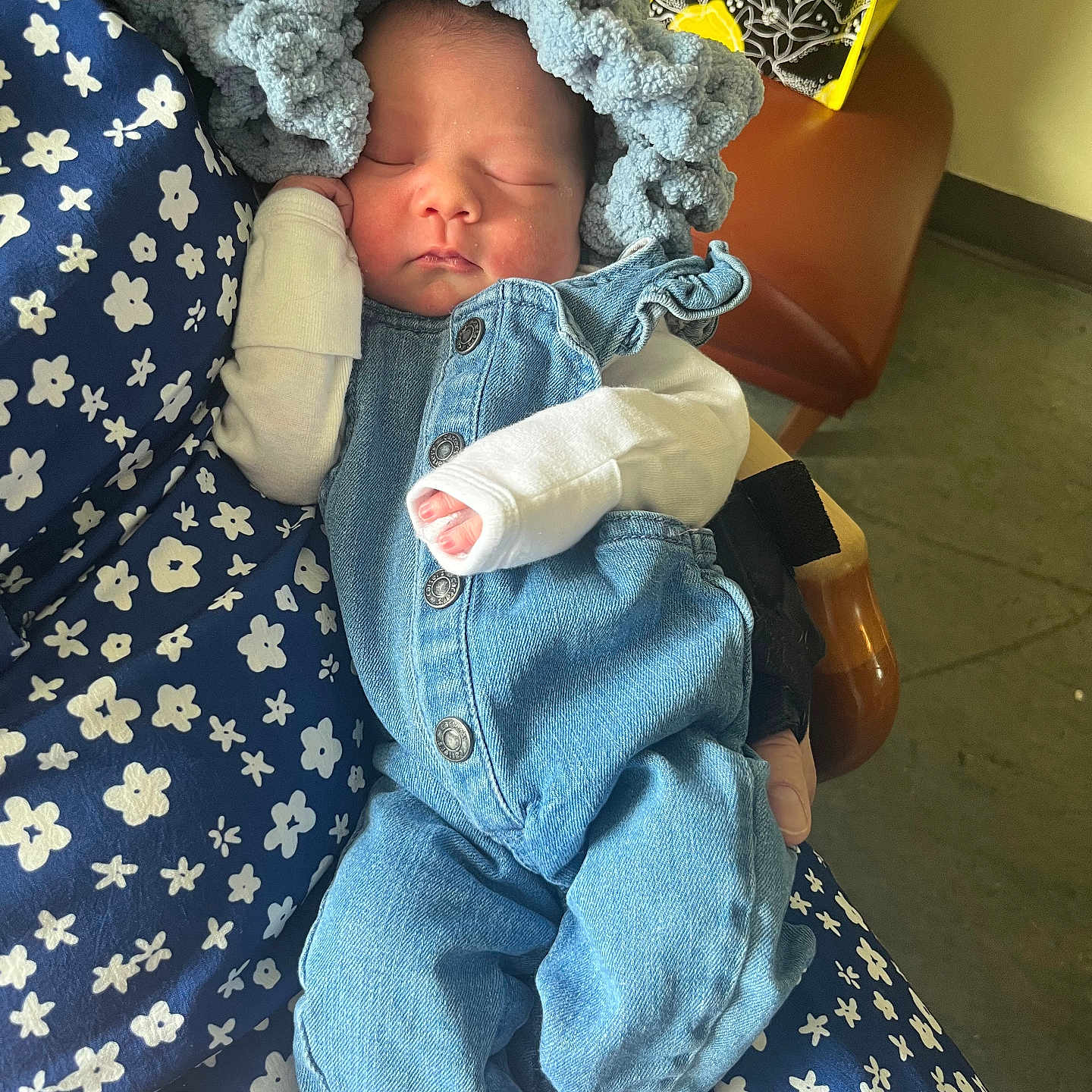 Destini joined the competition — help win amazing prizes! baby, bonnet, clothing, comfort, cushion, denim, fabric, floral_pattern, foot, hand, indoor, infant, newborn, overalls, peaceful, person, rest, skin, sleeping, toddler