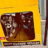 cats, hairless_cats, sphynx_cats, animal, pet, two_cats, wide_eyes, sitting, portrait, packaging, food_box, crispy_wings, yellow, brown, black, printed_image, product_label, carpet, chair_leg, indoor