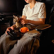 Indica is registered to the contest to win money with this photo: boy, cat, gaming_chair, controller, plush_toy, indoor, white_tshirt, grey_pants, pet, cute, cozy, young, sitting, casual, furniture, technology, relaxed, comfort, companion, warm_lighting