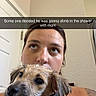 Leo joined the competition — help win amazing prizes! woman, dog, wet_dog, towel, indoor, portrait, face, expression, humor, text_overlay, tattoo, bathroom, wall, door, looking_up, close_up, pet, animal, human, holding