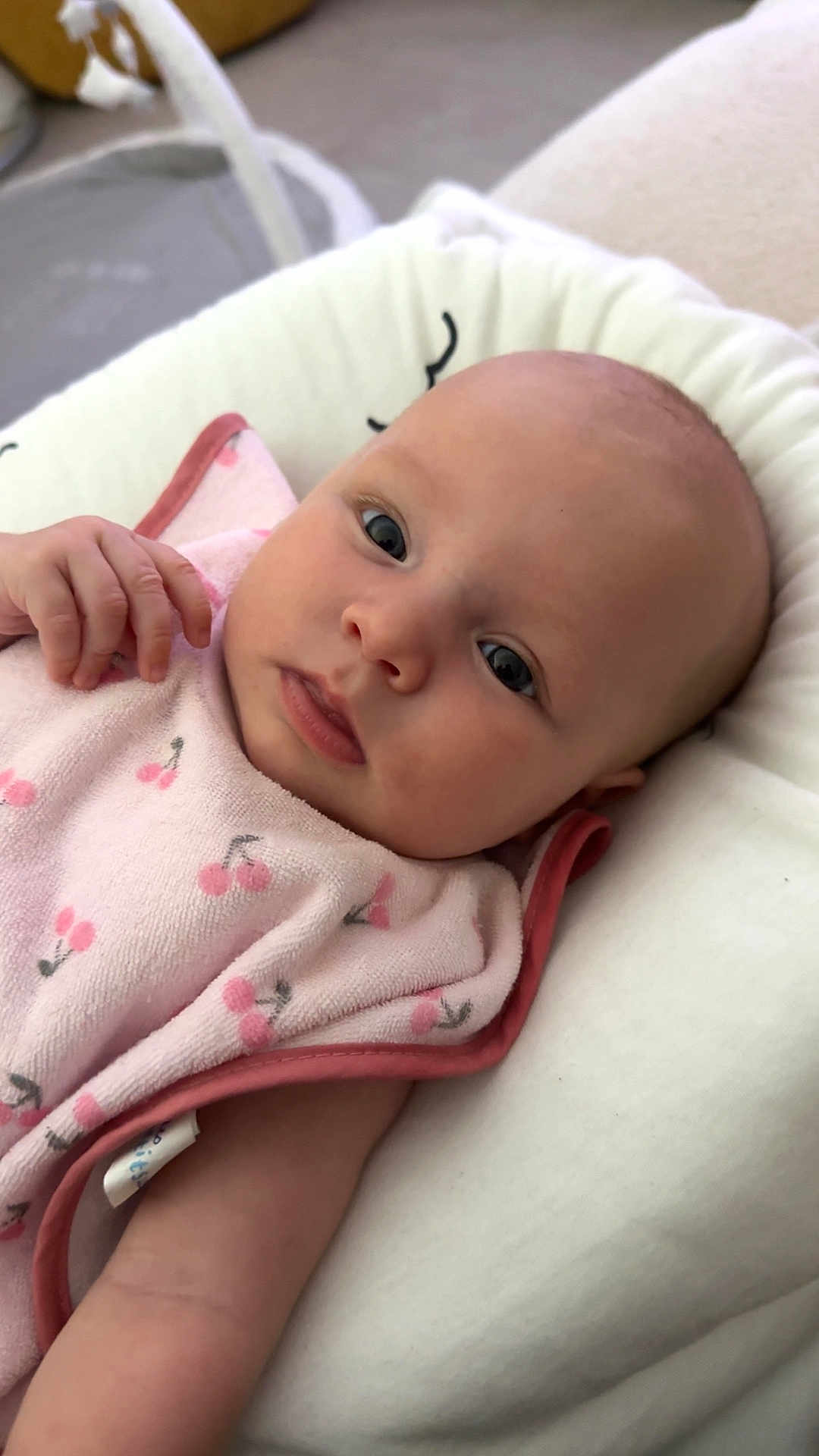 Giulia participe au concours pour gagner de l'argent avec cette photo : baby, infant, blanket, pink, cherry_pattern, face, eyes, skin, hand, laying, soft, cute, newborn, portrait, expression, indoor, closeup, child, person, clothing