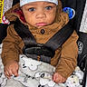 Drayden joined the competition — help win amazing prizes! baby, child, car_seat, blanket, brown_jacket, hat, elephant_pattern, blue_eyes, hands, face, infant, safety_harness, pacifier, black_straps, cute, portrait, indoor, warm_clothing, soft_blanket, curious_expression