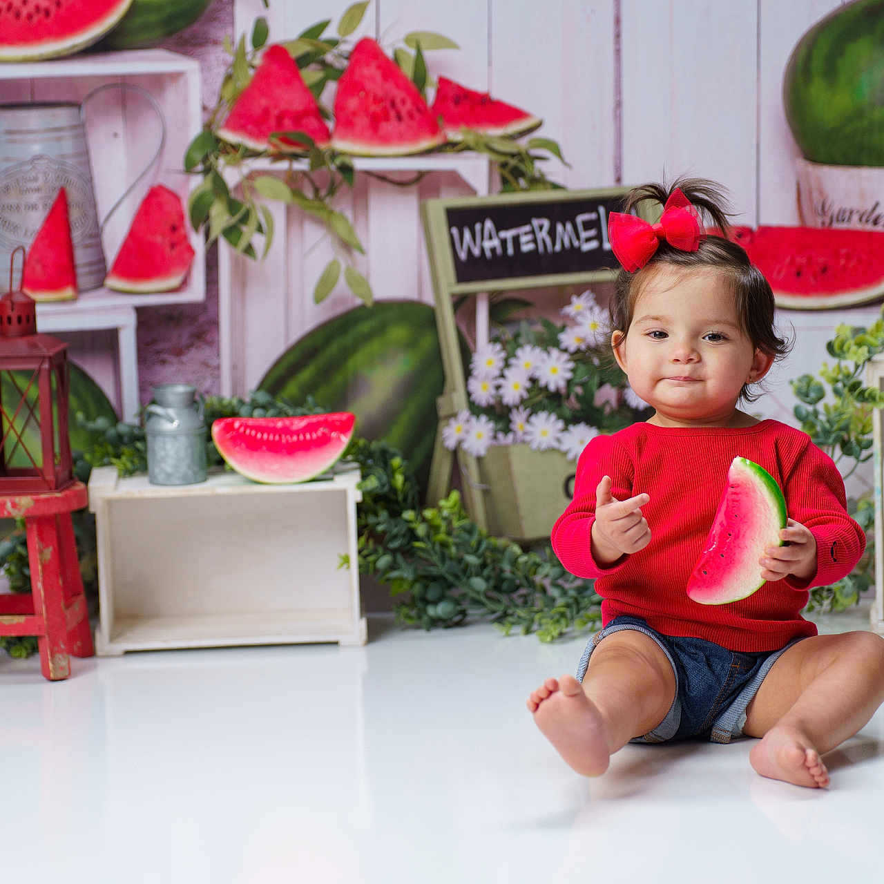 Charlotte joined the competition — help win amazing prizes! baby, bodypart, clothing, eating, face, flower, flowerarrangement, flowerbouquet, food, footwear, fruit, geranium, head, melon, person, plant, produce, shoe, shorts, watermelon