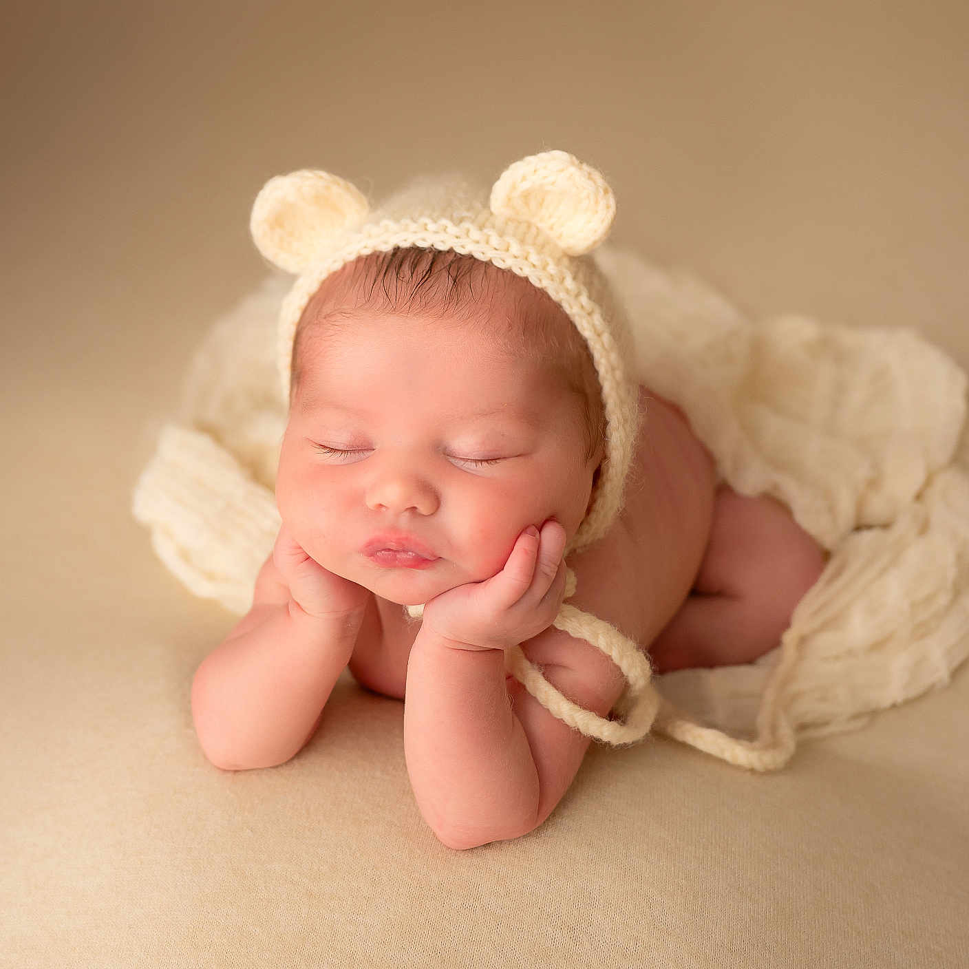 Miller joined the competition — help win amazing prizes! adorable, baby, bear_ears, blanket, closeup, cozy, cute, hands_under_chin, headwear, indoors, infant, knitted_hat, newborn, peaceful, portrait, resting, skin, sleeping, soft_texture, warm_colors