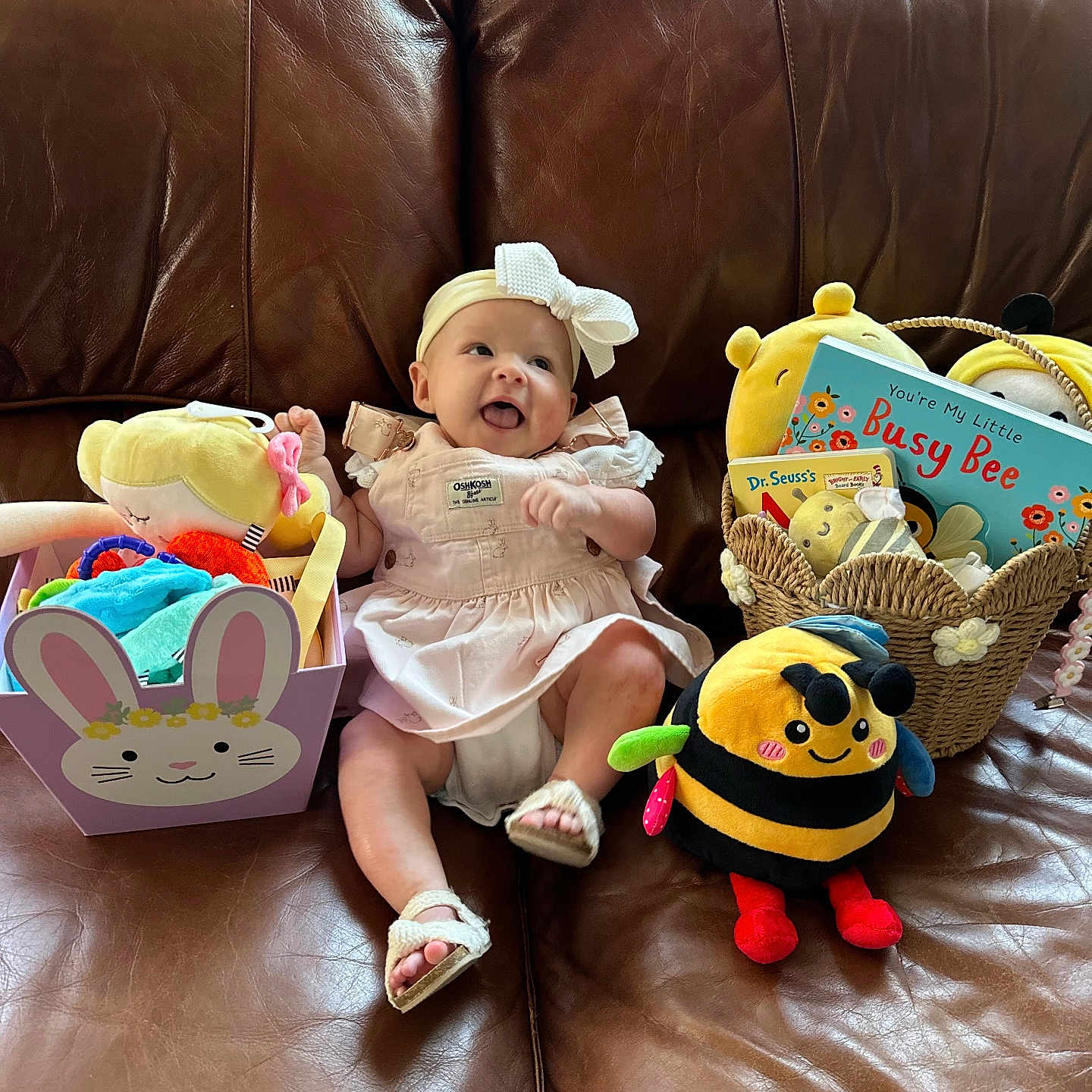 Olivia joined the competition — help win amazing prizes! baby, infant, smile, dress, headband, bow, toy, plush, bee, basket, book, couch, leather, child, cute, indoors, happy, sitting, playful, colorful