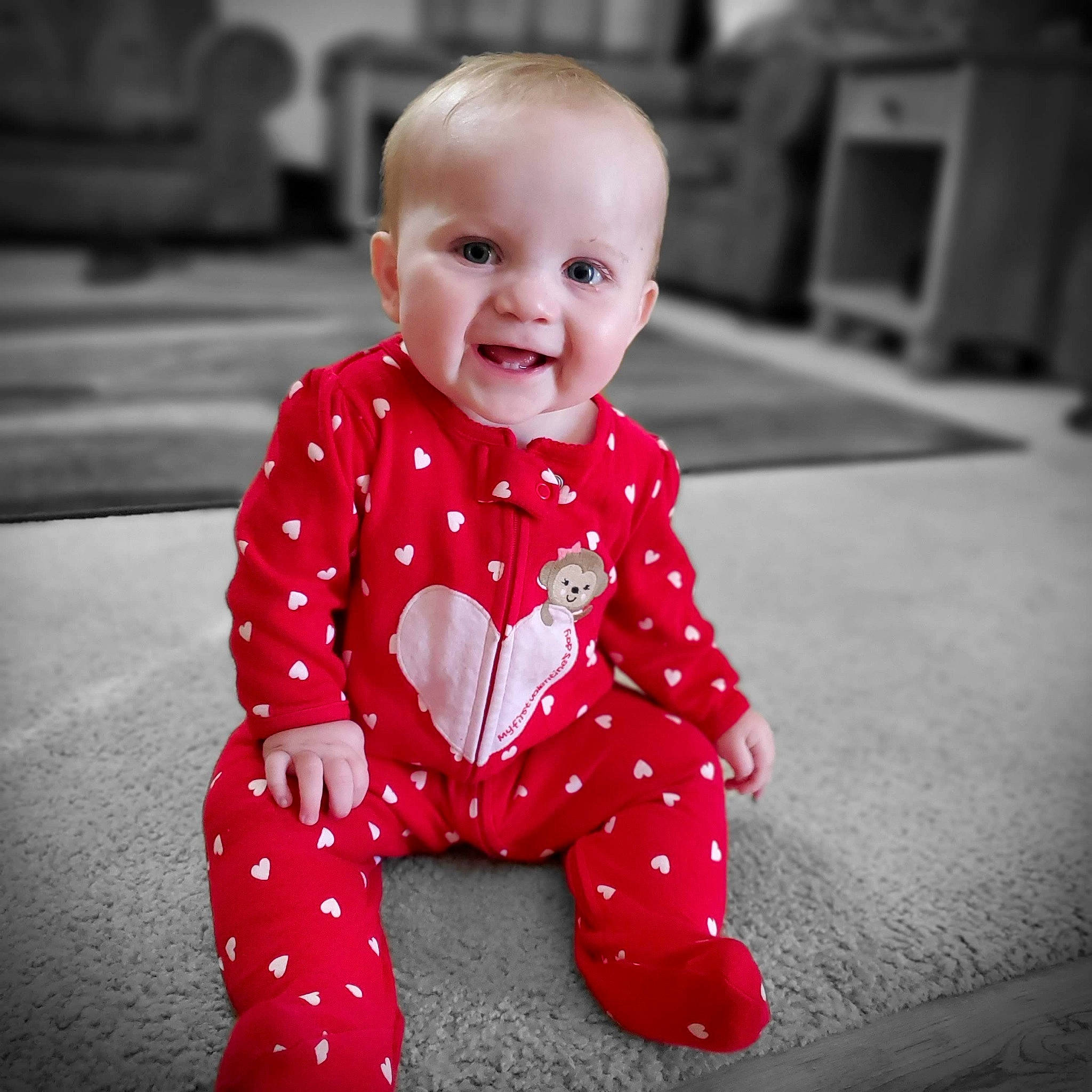 Kaiyah joined the competition — help win amazing prizes! arm, baby, baby_toddler_clothing, carmine, child, face, floor, flooring, fun, happy, joy, pattern, person, portrait_photography, sitting, skin, sleeve, smile, standing, t_shirt