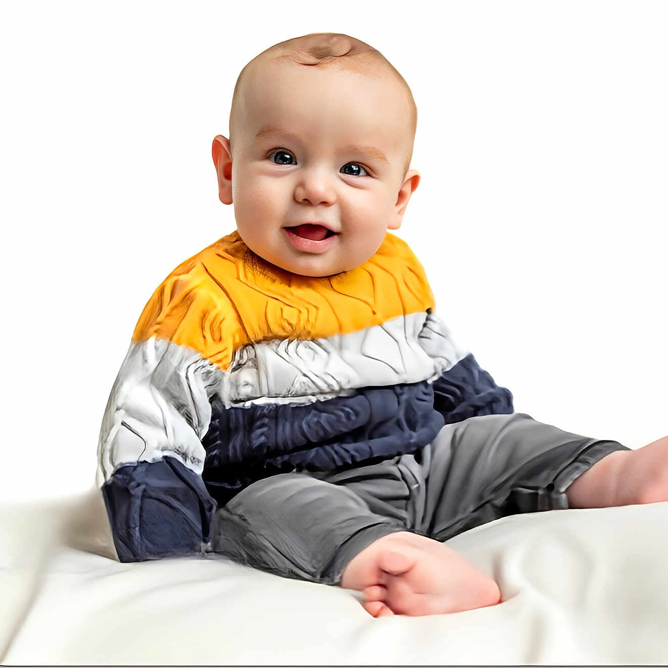 Arthur is registered to the contest to win money with this photo: baby, babylaughing, bodypart, clothing, coat, couch, face, finger, furniture, glove, hand, happy, head, laughing, pants, person, photography, portrait, sitting, smile