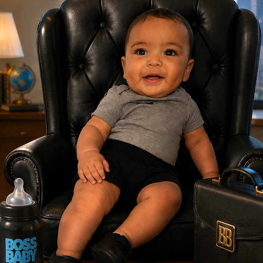 Liam joined the competition — help win amazing prizes! baby, child, chair, leather_chair, briefcase, bottle, nameplate, smiling, indoors, window, cityscape, business, office, cute, portrait, person, black_clothing, gray_shirt, desk, happy