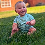 Sylas is registered to the contest to win money with this photo: baby, child, grass, outdoor, smiling, happy, onesie, dinosaur, greenery, fence, sunlight, cute, infant, sitting, nature, portrait, person, cheeks, barefoot, summer