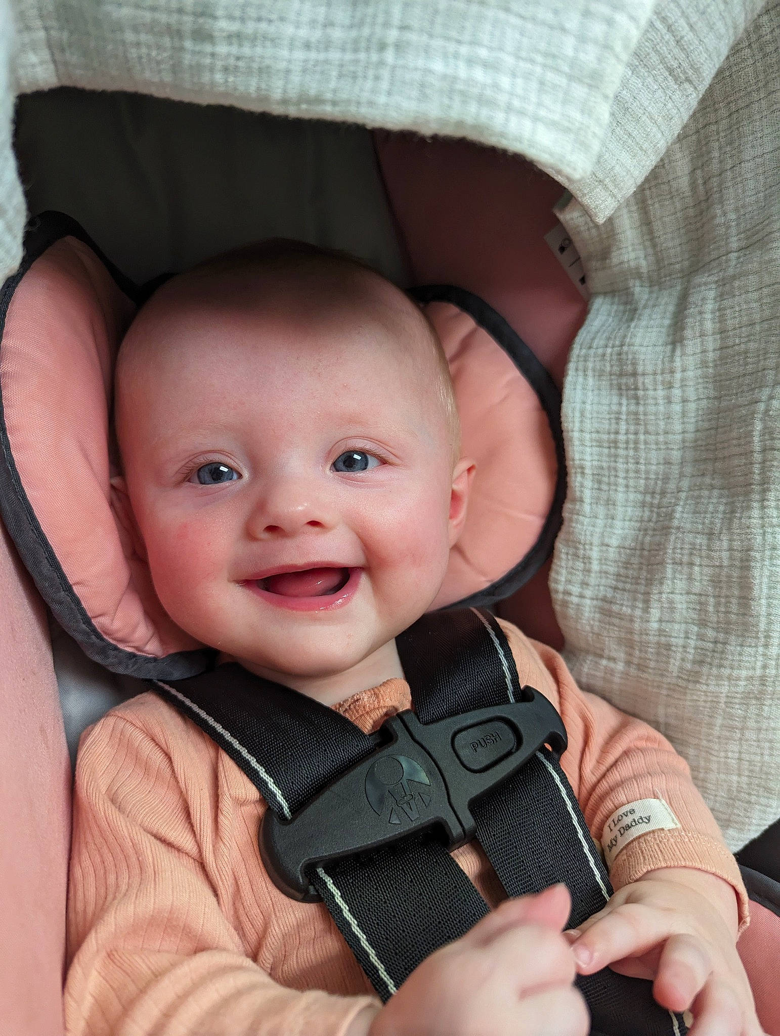 Xoey is registered to the contest to win money with this photo: baby, baby_toddler_clothing, cheek, comfort, eye, eyebrow, face, finger, flash_photography, gesture, hand, head, human, iris, joy, nose, person, product, skin, sleeve