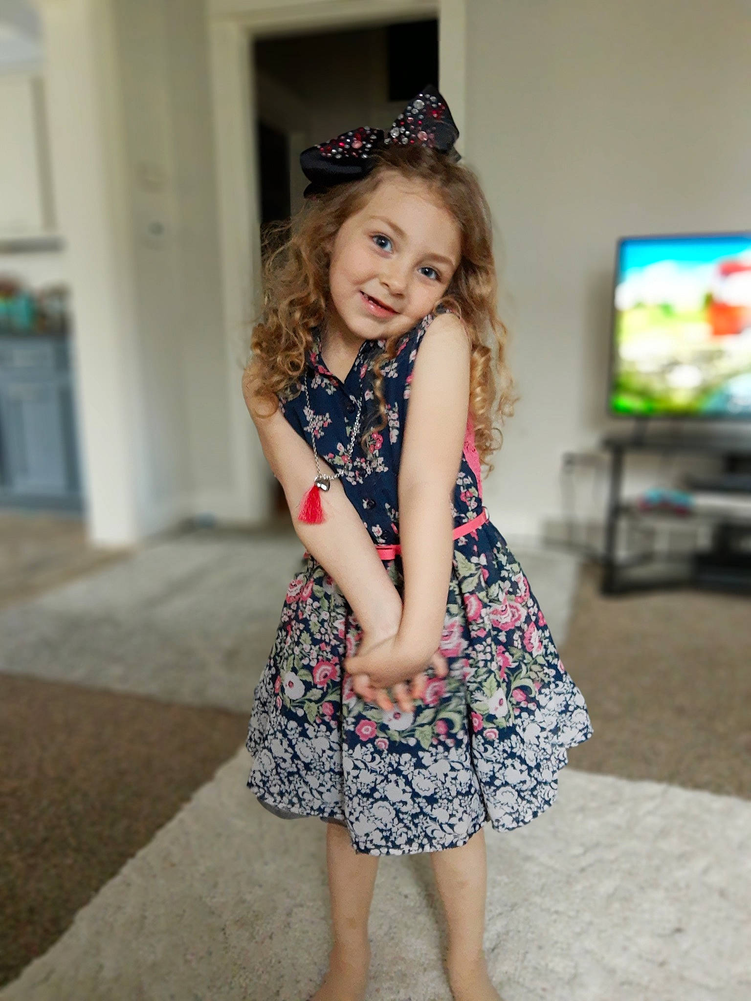 Scarlett is registered to the contest to win money with this photo: beauty, blue, child, child_model, clothing, day_dress, design, dress, fashion, footwear, joy, long_hair, pattern, person, shoe, shoulder, skin, smile, toddler, waist