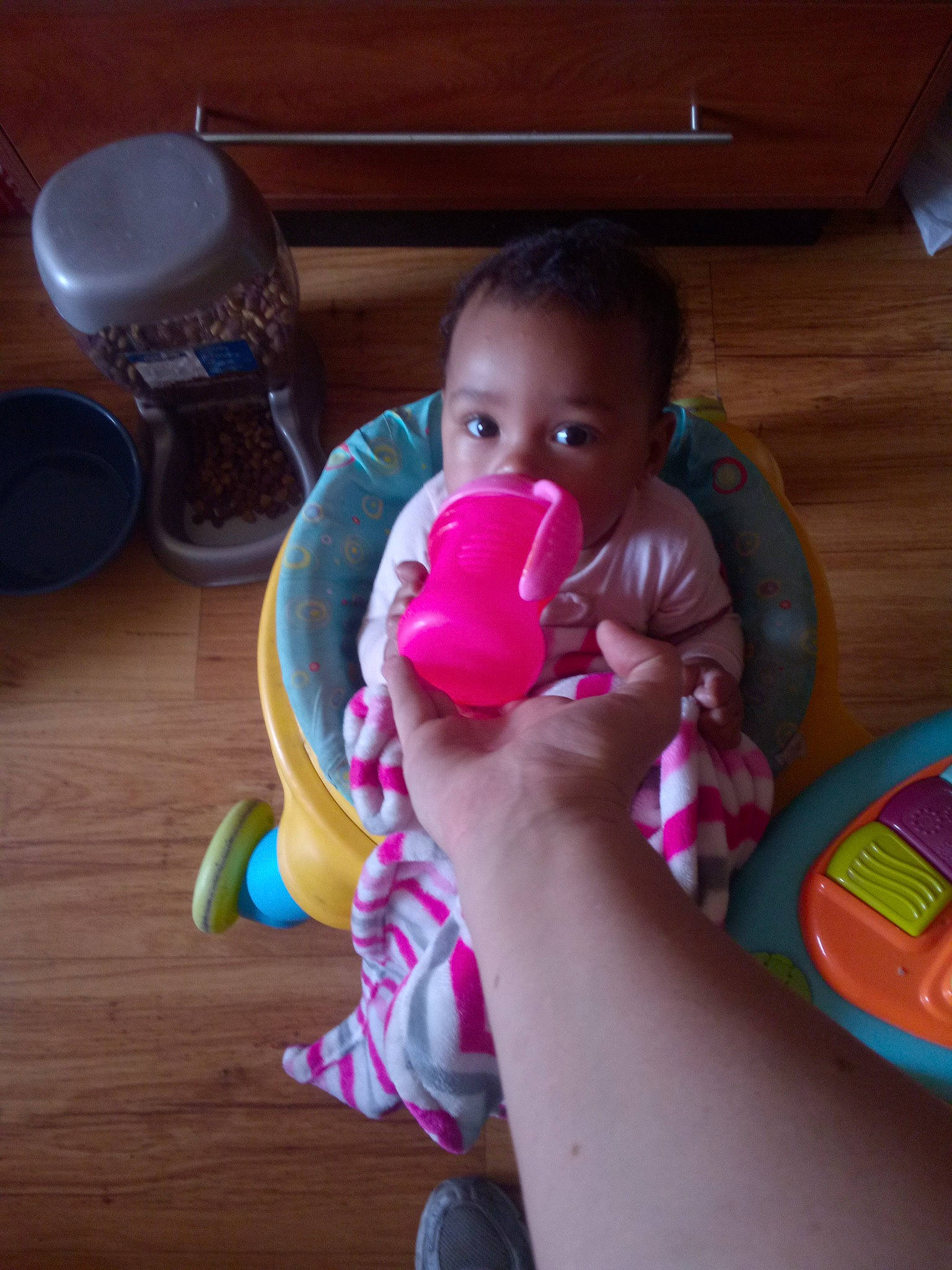 Raelynn joined the competition — help win amazing prizes! baby, baby_playing_with_toys, baby_products, carmine, cheek, child, drinkware, flooring, fun, hand, happy, magenta, nail, nose, person, pink, purple, sitting, skin, toddler