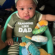 Dawson is registered to the contest to win money with this photo: baby, infant, child, person, baby_seat, plush_toy, striped_hat, striped_pants, green_shirt, text_on_shirt, hand, indoors, curious_expression, sitting, safety_belt, cute, closeup, soft_toys, home, portrait