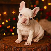Diesel is registered to the contest to win money with this photo: puppy, french_bulldog, blue_eyes, tree_stump, holiday_lights, bokeh, cute, pet, animal, indoors, warm_lighting, christmas, festive, small_dog, sitting, portrait, fur, mammal, adorable, background_blur