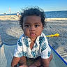 Cyaire is registered to the contest to win money with this photo: baby, barefoot, beach, blue_sky, child, curious, curly_hair, cute, infant, leaf_pattern, mat, ocean, outdoor, portrait, purple_toy, sand, shirt, sunlight, toys, yellow_shovel
