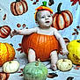 baby, pumpkin, costume, fall, autumn, orange, yellow, green, white, child, cute, festive, background, leaves, smiling, sitting, holiday, celebration, headwear, seasonal