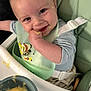 baby, high_chair, messy, food, bib, spoon, bowl, feeding, child, smile, happy, face, clothing, seatbelt, mealtime, infant, cute, indoor, plastic_bowl, wooden_spoon