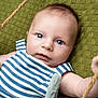 baby, infant, child, blue_striped_clothing, rope, green_blanket, close_up, portrait, cute, grip, hand, face, skin, eyes, expression, soft_texture, lying_down, young, adorable, baby_clothes