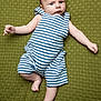 Leighton joined the competition — help win amazing prizes! baby, infant, striped_clothing, blue_and_white, lying_down, green_blanket, curious_expression, face, arms, legs, barefoot, indoors, portrait, young_child, soft_texture, casual, child, person, cute, clothing