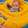 baby, child, inflatable_float, water, pool, yellow, person, hand, nail_polish, swimwear, summer, outdoor, playing, floating, cute, face, expression, sitting, safety, leisure