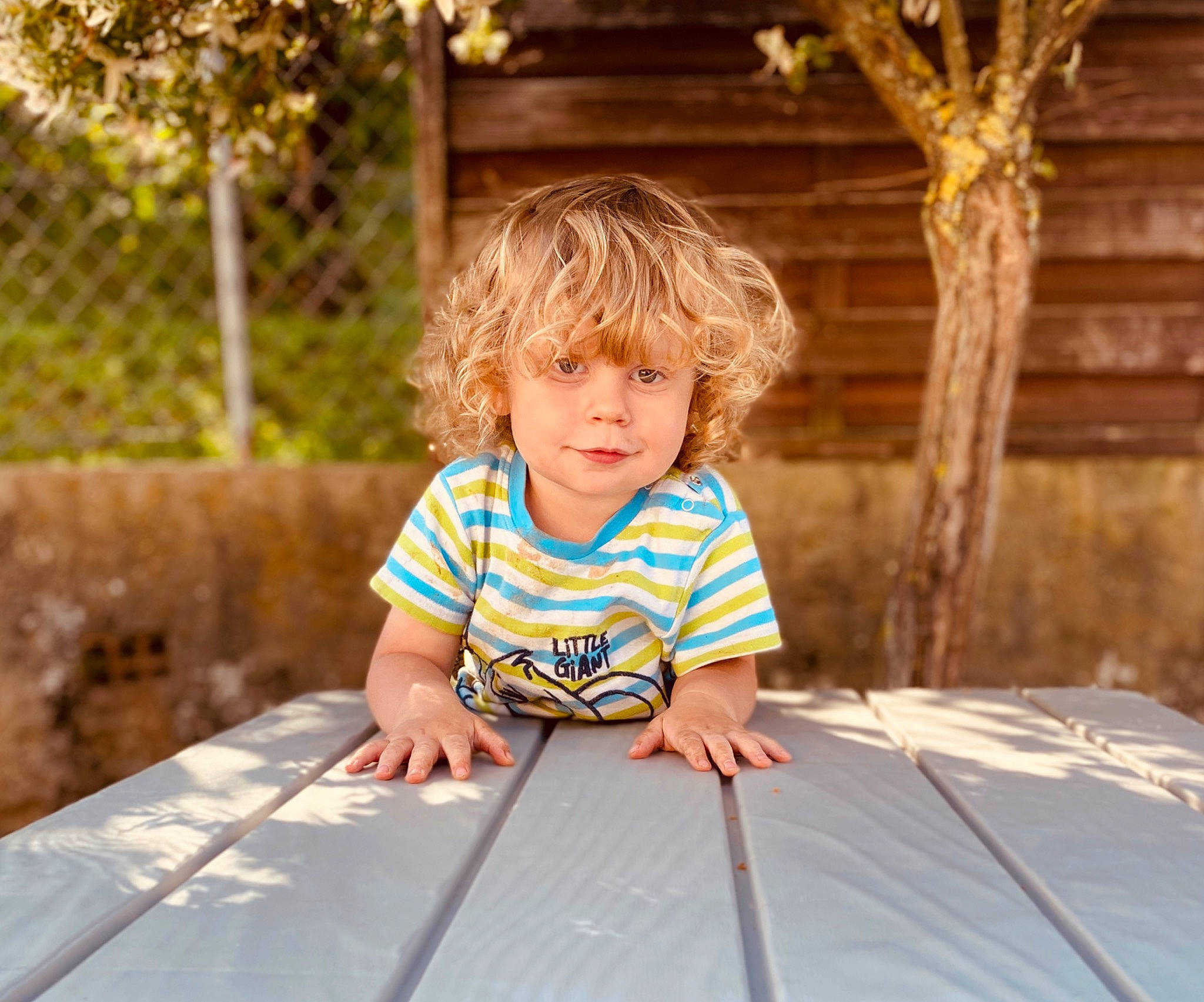 Timeo participe au concours pour gagner de l'argent avec cette photo : baby, child, child_model, deck, floor, person, photography, play, portrait_photography, sitting, smile, table, toddler, tree, vacation, wood