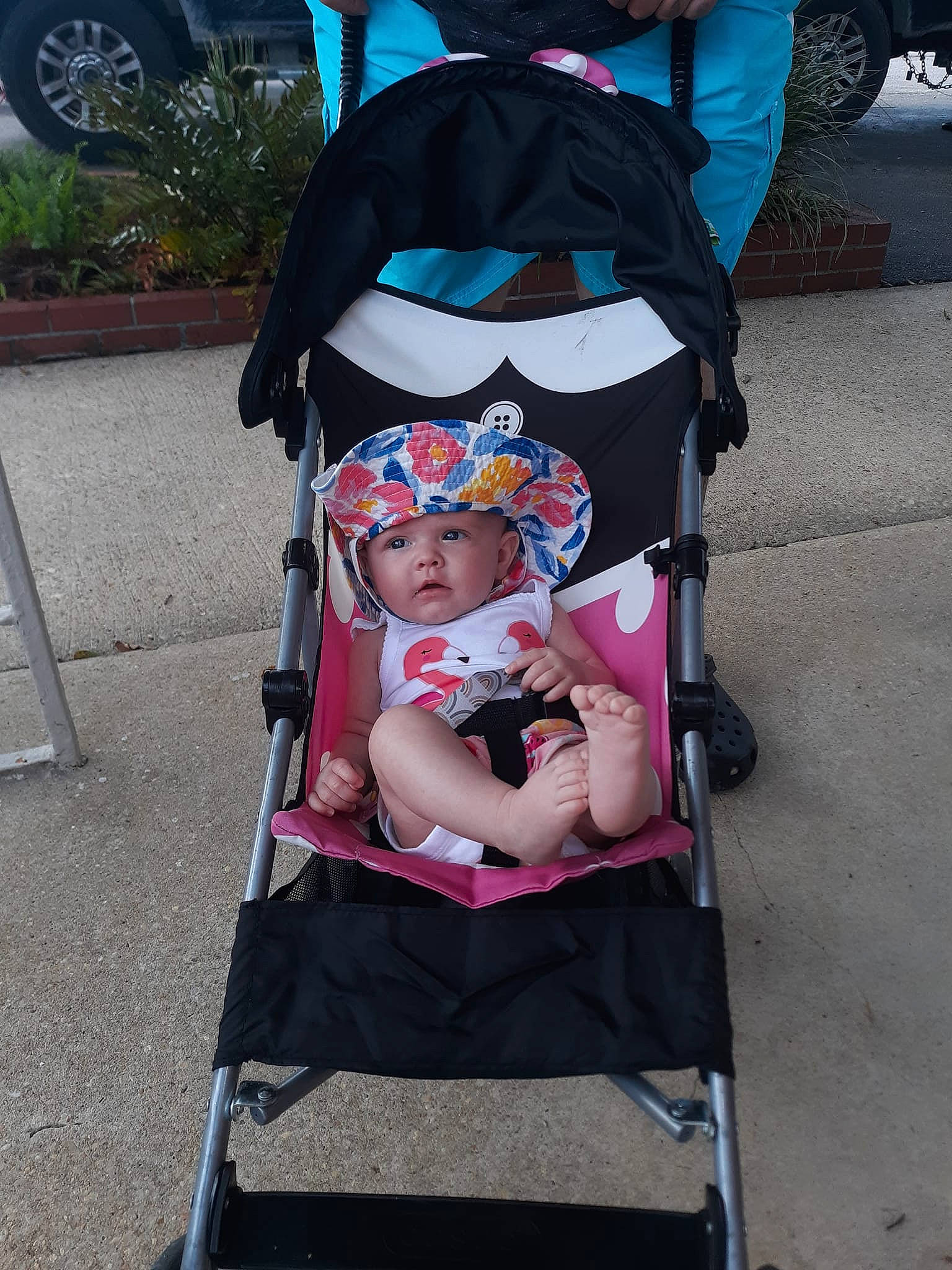 Emersyn is registered to the contest to win money with this photo: baby, baby_carriage, baby_products, baby_toddler_clothing, child, event, fun, headwear, lap, person, plant, sitting, tire, toddler, wheel, white