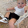 baby, black_shorts, child, dirt, eyes, face, gravel, hammock, lying_down, outdoor, photography, playground, portrait, rope, serious_expression, sitting, sneakers, socks, toddler, white_shirt