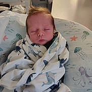 Dakota is registered to the contest to win money with this photo: baby, blanket, child, cozy, cushion, cute, indoor, infant, jellyfish, newborn, nursery, octopus, peaceful, resting, sea_theme, sleeping, soft_lighting, starfish, whale_pattern, wrapped