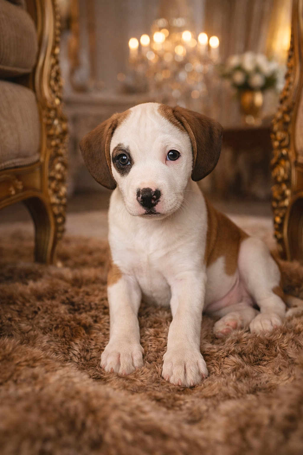 Loki joined the competition — help win amazing prizes! bokeh, carpet, chandelier, close_up, cute, dog, eyes, gold_trim, indoor, interior, nose, ornate_furniture, paws, pet, plush, portrait, puppy, rug, sitting, vintage_decor