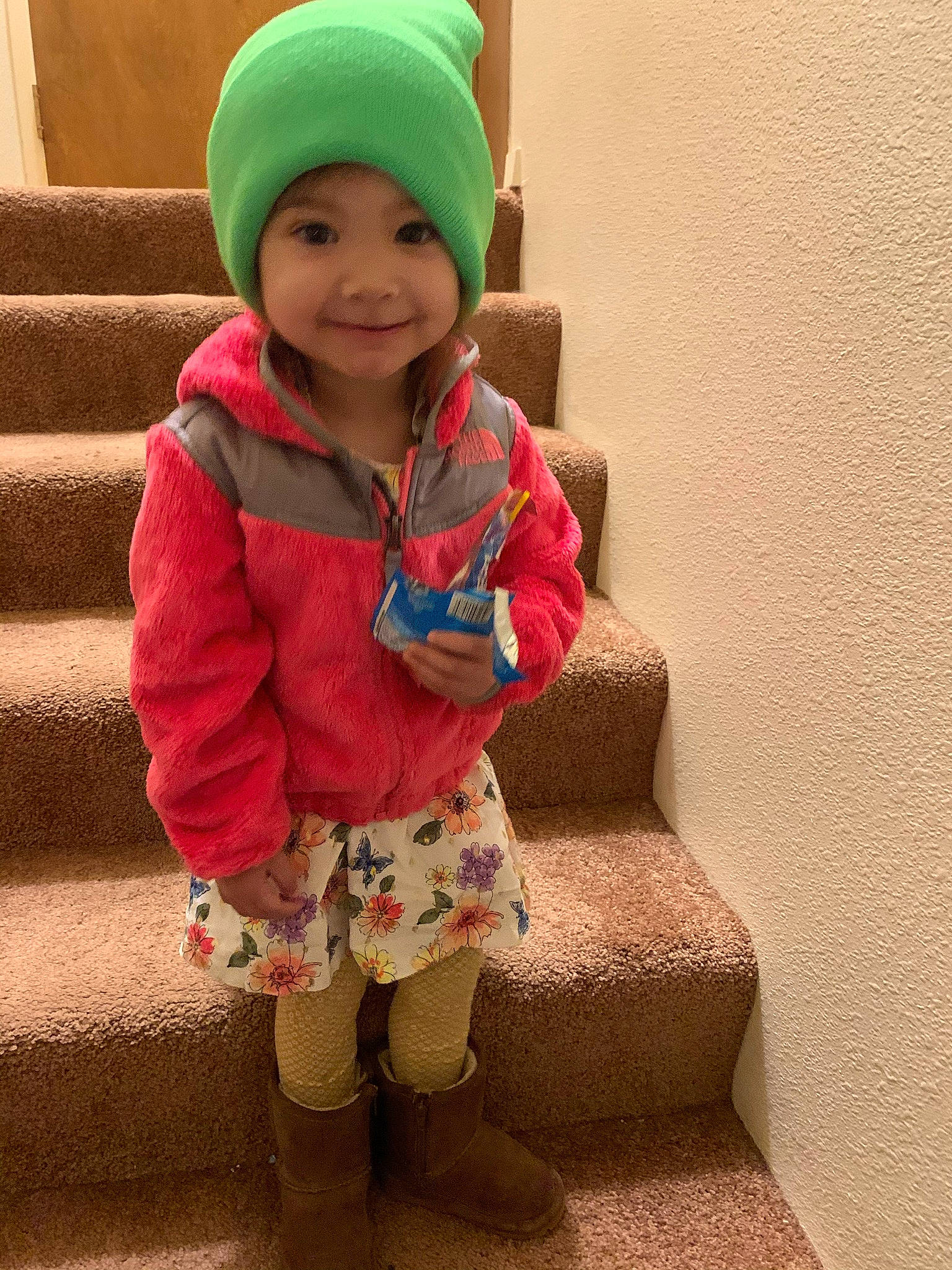 Gracelynne joined the competition — help win amazing prizes! baby_toddler_clothing, cap, child, face, happy, headwear, human_body, jacket, joy, knit_cap, leg, organ, outerwear, pattern, person, product, skin, sleeve, smile, sock