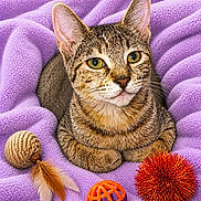 Seyah joined the competition — help win amazing prizes! cat, tabby_cat, pet, animal, feline, portrait, sitting, wide_eyes, whiskers, ears, fur, striped_fur, purple_blanket, cozy, cat_toys, feather, yarn_ball, plastic_ball, red_ball, indoor