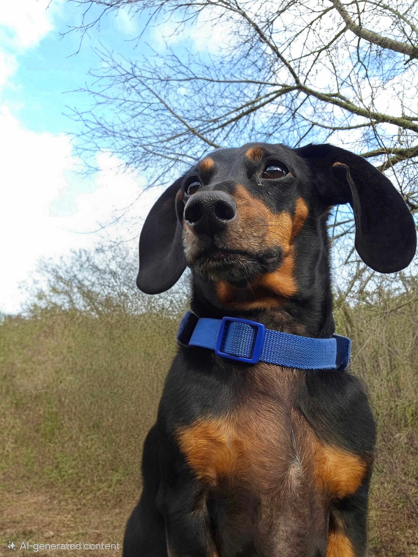 Opie joined the competition — help win amazing prizes! dog, dachshund, pet, collar, blue_collar, outdoor, nature, tree, sky, clouds, portrait, close_up, ears, nose, whiskers, brown_markings, black_coat, grass, sitting, animal