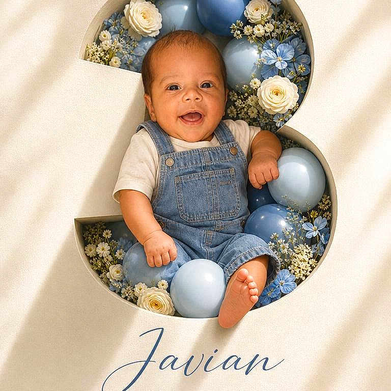 Javian joined the competition — help win amazing prizes! baby, infant, child, portrait, smiling, sitting, birthday, number_three, balloons, flowers, floral, overalls, denim, barefoot, indoor, decorative, celebration, face, happy, photography