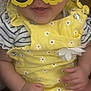baby, child, sunglasses, yellow, flower_shaped, smiling, happy, clothing, cute, infant, portrait, hands, cute_outfit, summer, fashion, accessories, closeup, playful, fun, indoor
