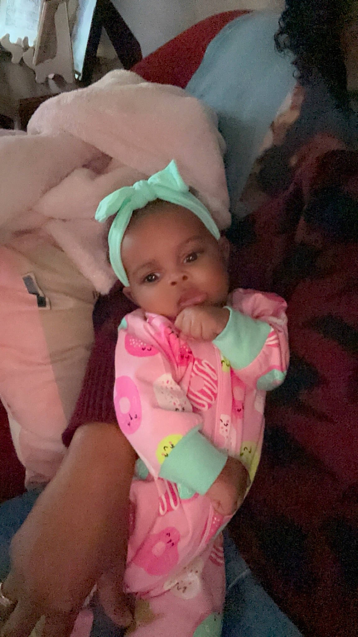 Reign joined the competition — help win amazing prizes! baby, baby_products, baby_toddler_clothing, cheek, child, comfort, finger, foot, fun, happy, lap, linens, mouth, nail, person, pink, sitting, skin, thigh, thumb