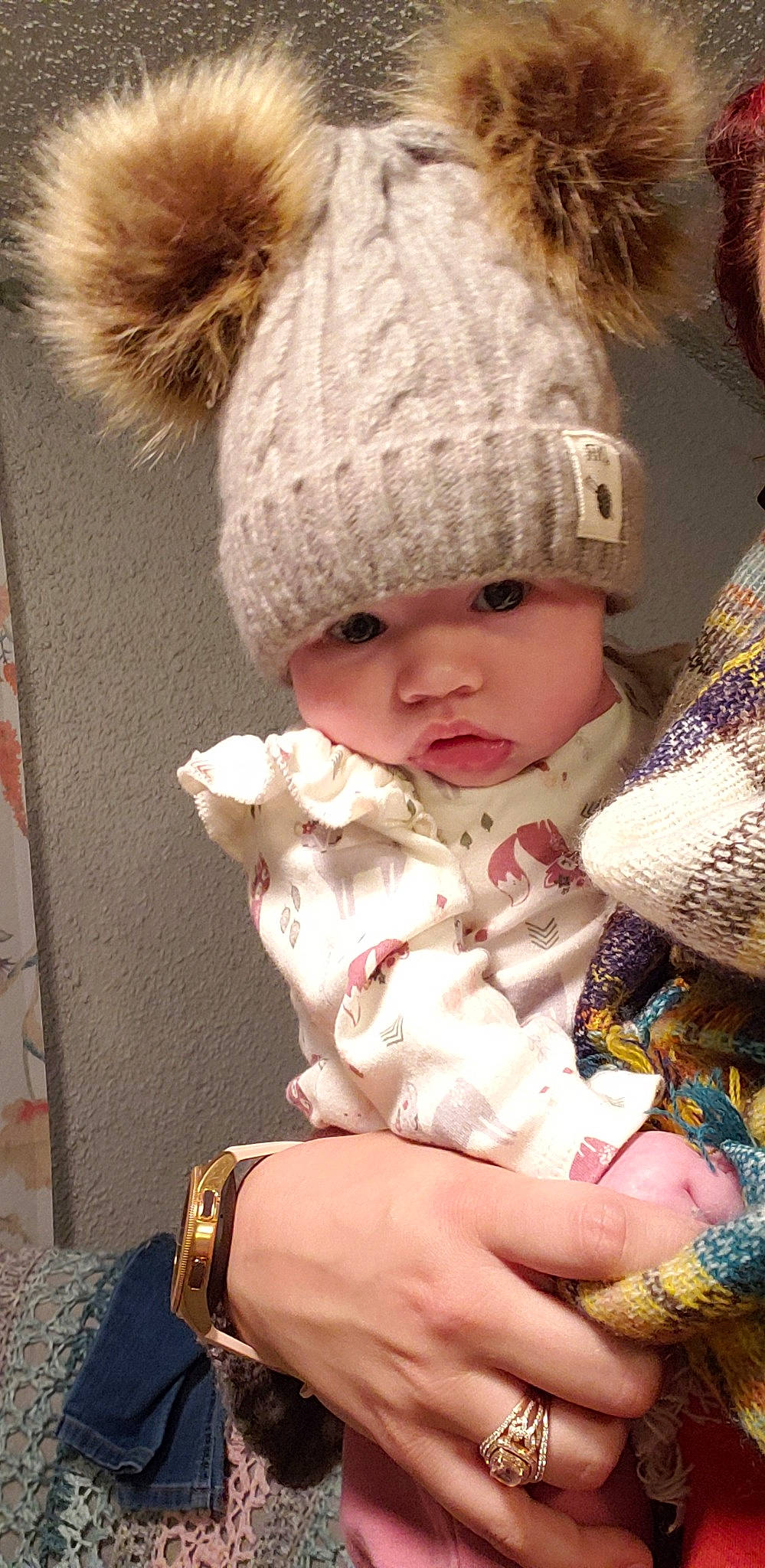 Mae joined the competition — help win amazing prizes! baby, bonnet, child, doll, fur, headgear, knit_cap, person, toddler, toy, wool