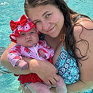 Jacklyn joined the competition — help win amazing prizes! baby, woman, child, pool, water, swimsuit, hat, outdoor, summer, holding, cute, watermelon, red, pink, blue, skin, face, person, smile, love