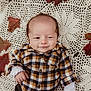 baby, infant, plaid_shirt, crocheted_blanket, autumn_leaves, smile, portrait, cute, child, fall, outdoor, cozy, hand, head, face, clothing, pattern, warm_colors, lying_down, young
