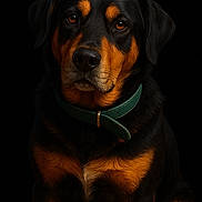 Mango participe au concours pour gagner de l'argent avec cette photo : rottweiler, dog, pet, animal, portrait, black_background, green_collar, fur, canine, closeup, mammal, sitting, looking_at_camera, black_and_tan, domestic_animal, companion, alert, indoor, studio_lighting, expression