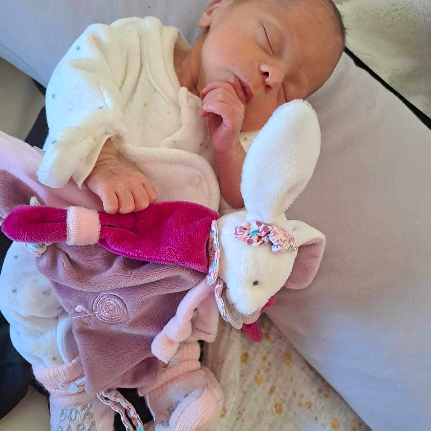 Luna a rejoint le concours — aidez-le/la à gagner de superbes lots ! baby, bed, blanket, bunny, child, clothing, cute, hand, indoors, infant, newborn, pajamas, peaceful, person, pillow, plush_toy, resting, sleeping, soft_toy, toddler