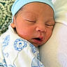 Eithan Gabriel is registered to the contest to win money with this photo: newborn, baby, infant, sleeping, yawning, blue_hat, swaddled, blanket, portrait, face, closed_eyes, indoors, cozy, bedding, adult, cuddling, patterned_clothing, soft_lighting, family, peaceful