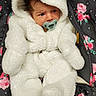 baby, infant, pacifier, white_bear_suit, hooded_clothing, fluffy, blanket, floral_pattern, cute, child, newborn, cozy, warm_clothing, sleepwear, lying_down, indoors, portrait, small, soft_texture, adorable