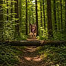 active, animal, canine, daylight, dog, forest, greenery, happy, jumping, leaping, mammal, nature, outdoor, path, playful, sunlight, trail, tree, woodland, woods