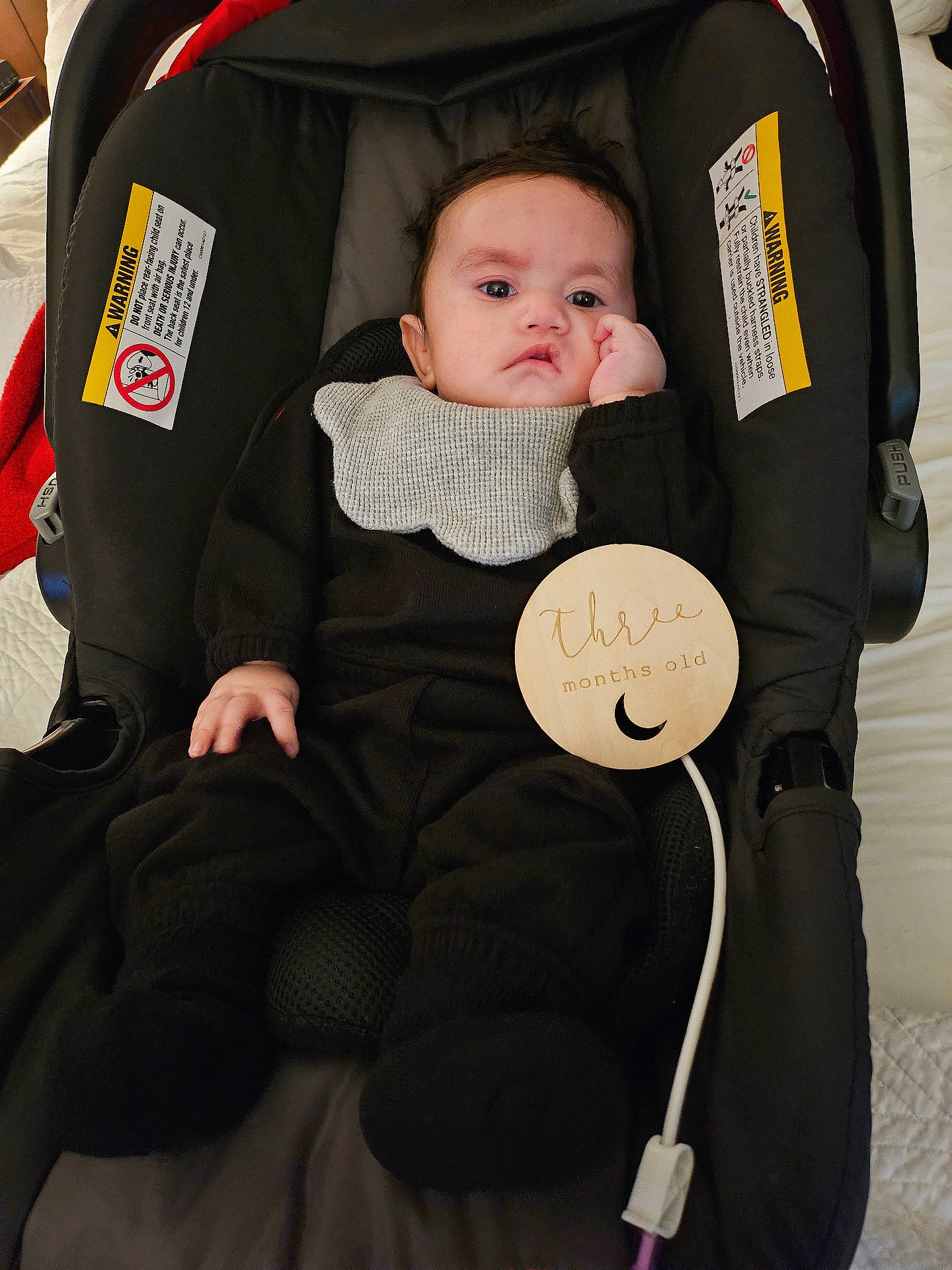 Atlas is registered to the contest to win money with this photo: accessories, baby, bed, blanket, bodypart, bonnet, car, car_interior, carseat, clothing, coat, couch, cradle, crib, cushion, electronics, face, finger, furniture, hand