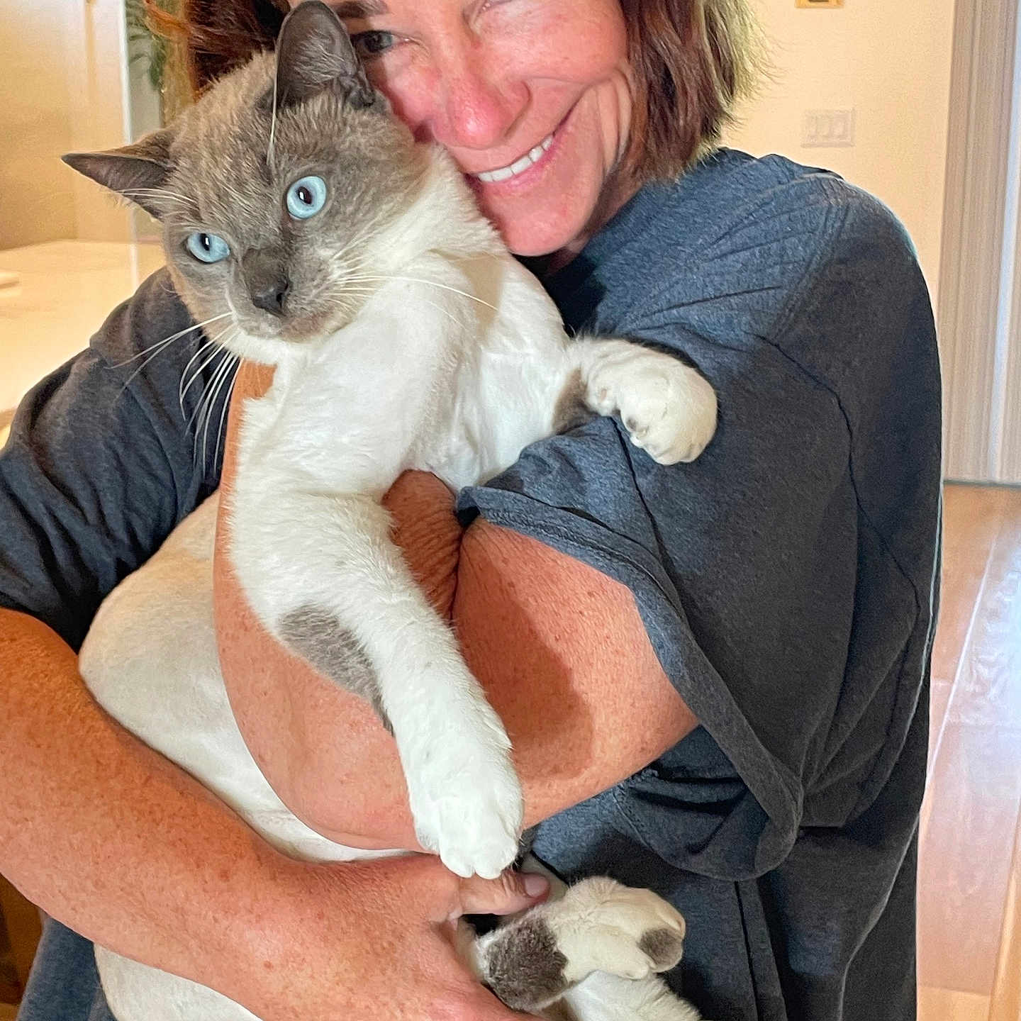 Romeo is registered to the contest to win money with this photo: person, cat, siamese_cat, blue_eyes, hug, smile, indoor, home, wall_art, scrabble_tiles, short_hair, casual_clothing, wooden_floor, light, face, arms, feline, pet, comfort, affection