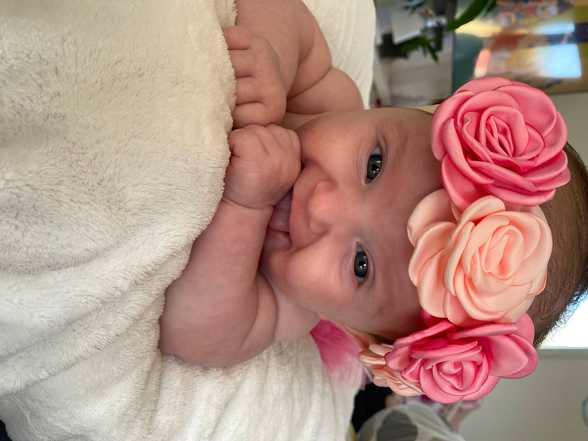 Margot a rejoint le concours — aidez-le/la à gagner de superbes lots ! baby, cheek, comfort, eyelash, facial_expression, finger, flower, gesture, happy, head, headgear, headwear, lip, nail, nose, person, petal, pink, plant, skin