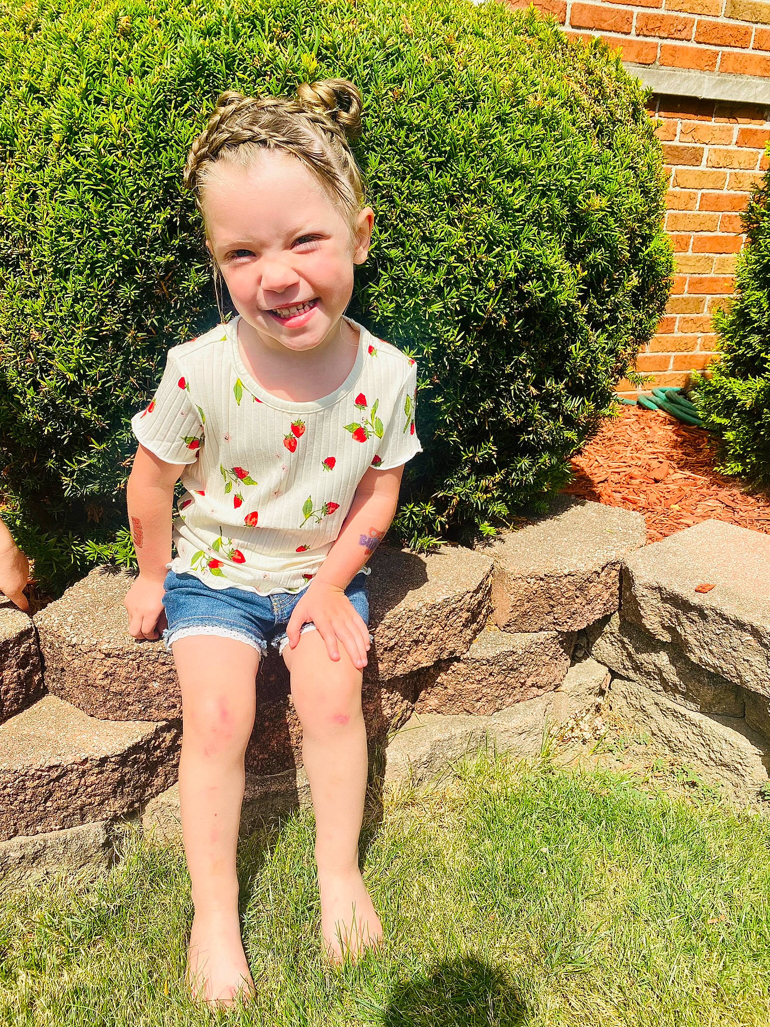 Milena joined the competition — help win amazing prizes! baby_toddler_clothing, barefoot, child, facial_expression, fun, grass, grass_family, happy, lawn, leaf, leisure, people_in_nature, person, plant, sitting, skin, smile, standing, t_shirt, thigh