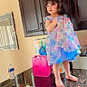 Sally joined the competition — help win amazing prizes! child, girl, birthday, birthday_cake, party_dress, colorful_dress, barefoot, smiling, portrait, standing, kitchen, kitchen_island, granite_countertop, cake, candles, presents, gift_bag, cabinets, mirror, indoor