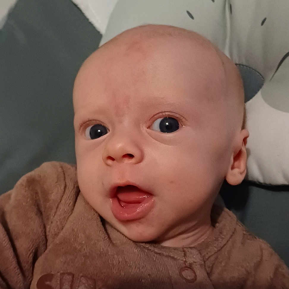 Noah a rejoint le concours — aidez-le/la à gagner de superbes lots ! baby, babywear, child, clothing, cushion, cute, ear, expression, eyes, face, head, indoors, infant, mouth, onesie, person, portrait, skin, soft, young