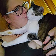 Fatty is registered to the contest to win money with this photo: person, cat, glasses, kissing, indoor, affection, pet, close_up, black_clothing, rings, necklace, wood_paneling, holding, relaxed, white_cat, tabby_cat, face, arm, human_hand, feline